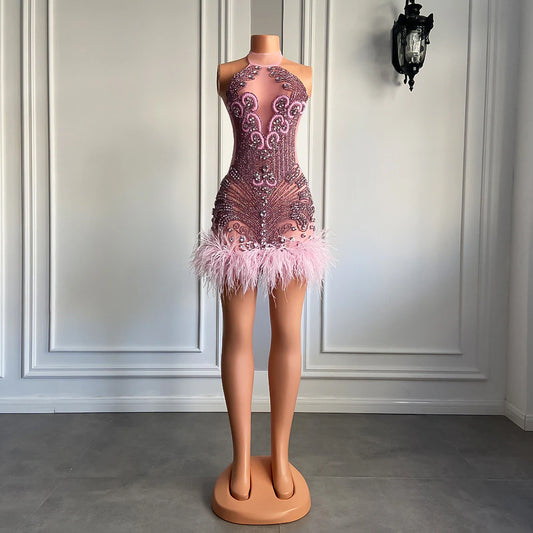 Luxury Pink Diamond Women Birthday Dress Sexy See Through Feather Formal Occasion Cocktail Black Girls Short Prom Dresses 2023