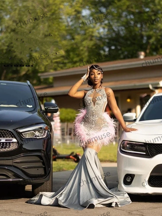 Silver O Neck Long Prom Dress For Black Girls