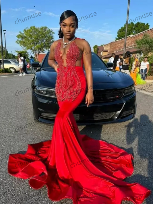 Luxury Red V Neck Sparkling Diamond Applique Evening Gowns New Black Girls Fishtail Long Prom Dresses