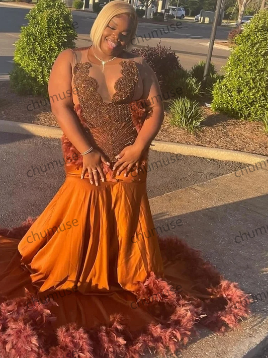 Sexy Orange Feathers Mermaid Prom Dress Beading Gillter African