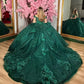 Customized Emerald Green Shiny Quinceanera Dresses Off Shoulder Princess Applique Flower Beads Tull Sweet 16 Birthday Party Gown