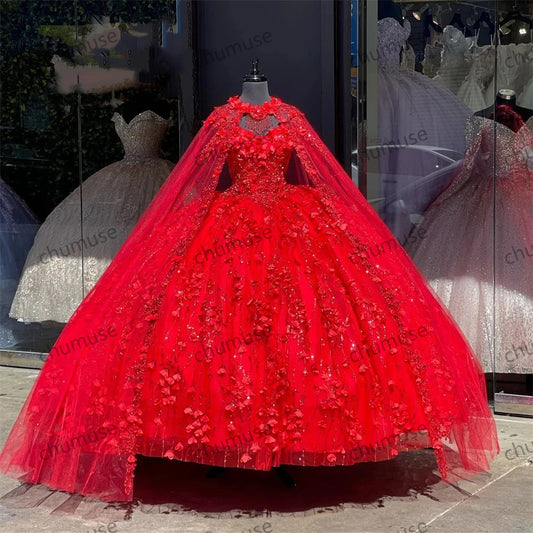 Red Princess Quinceanera Dress With Cape 3D Flowers Birthday Party Dresses