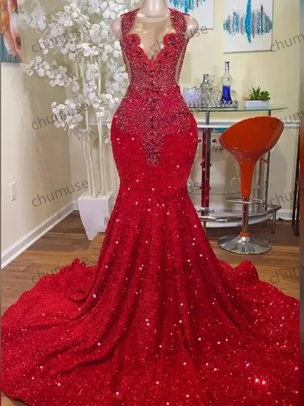 Burgundy Long Prom Dress For Black Girls Mermaid Sheer Sequined Beaded Crystals Birthday Party Dresses Evening Gown Customized