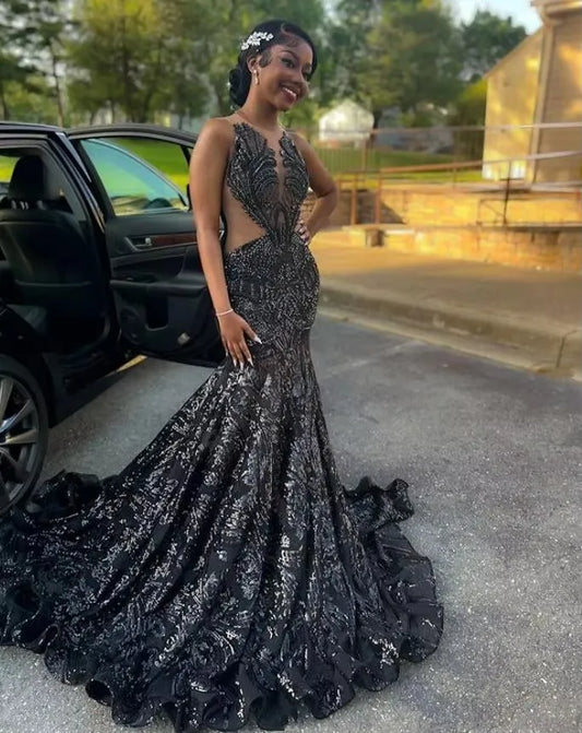 Black Sparkly Mermaid Long Prom Dresses Gillter Crystal Sequins Applique Sheer Mesh Customsized Evening Birthday Gown 2025