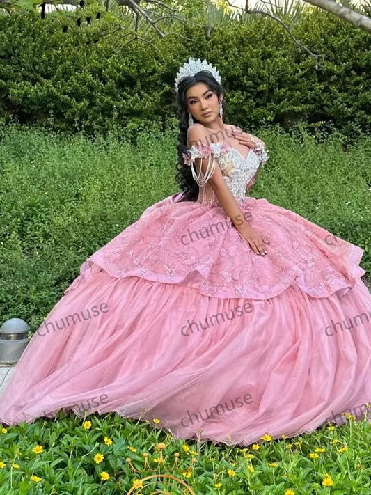 Pink Off The Shoulder Lace Ruffles Mexican Quinceanera Dress Ball Gown