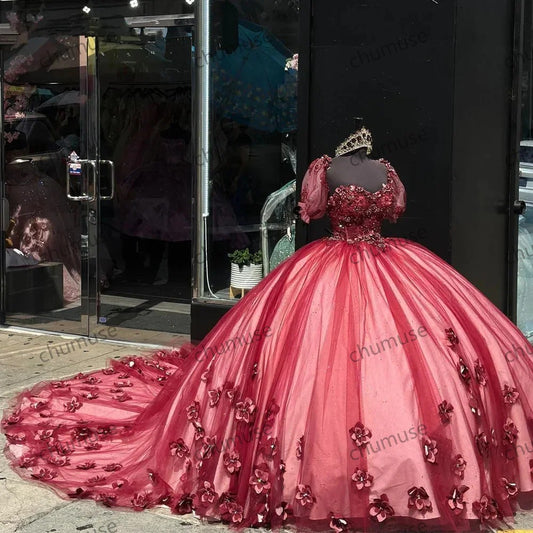 Burgundy Sweetheart Quinceanera Dresses 3D Flower Appliques Tulle Princess Ball Gown