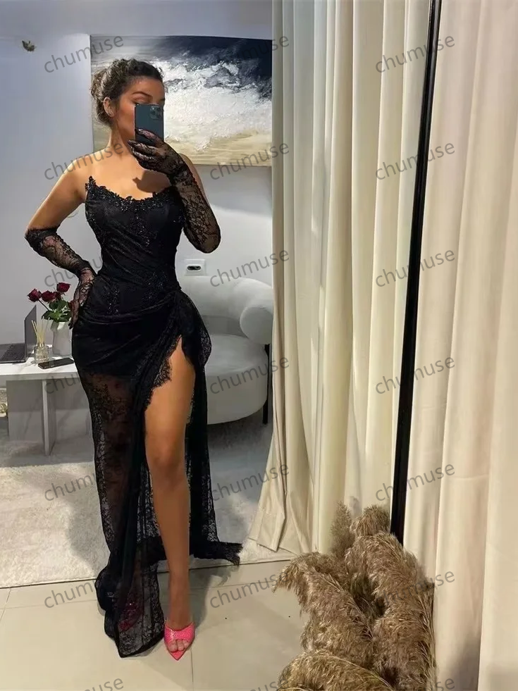 Sexy Black Long Prom Dresses With Two Gloves Corset Lace-up Back Applique Wedding Reception Birthday Party Gowns Customized