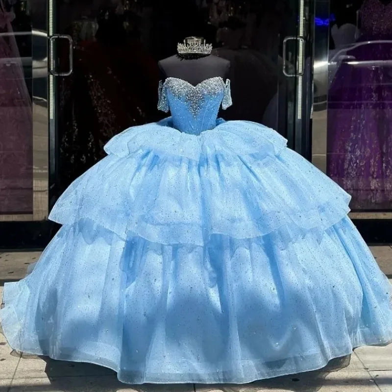 Glitter Sky Blue Princess Quinceanera Dresses Beaded Off The Shoulder Ball Gown Tull Tiered Corset Vestido De 15 Anos customized