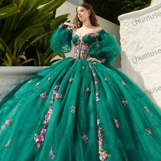 Sweet 16 Princess Quinceanera Dresses Off Shoulder 3D Floral Puff Sleeve Coset