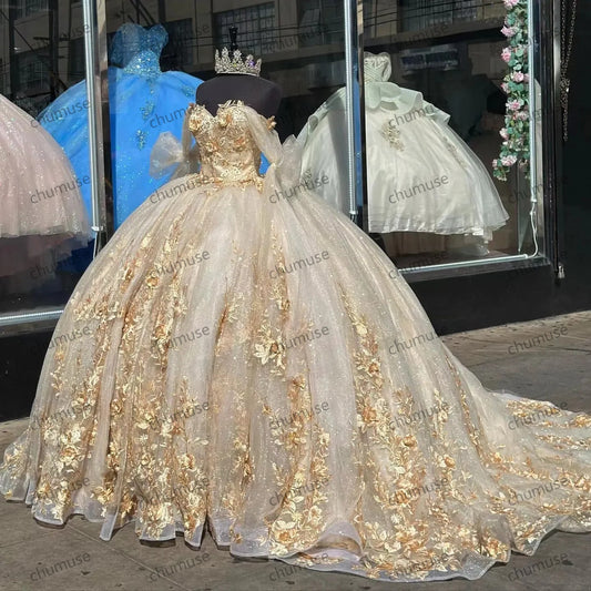 Gold Quinceanera Dresses 3D Appliques Flower Sweet 15 16 Years Birthday Prom Dress