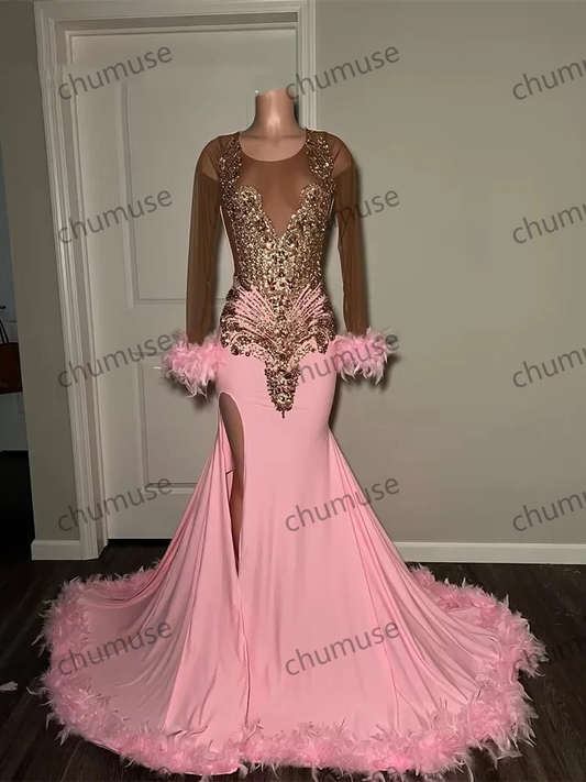 Pink O Neck Long Prom Dresses For Black Girls Beaded Crystal Birthday Party Dress Feathers