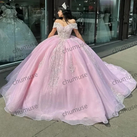 Pink Mexico Quinceanera Applique Beads Vestidos 15 De Princess Sweet Birthday