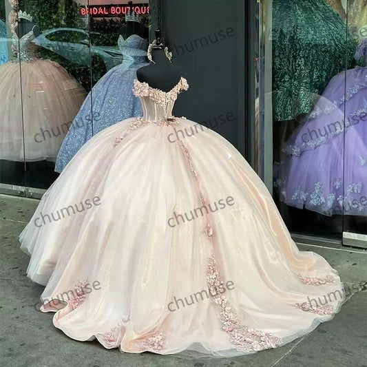 Pink Quinceanera Dresses 3D Flowers Appliques Birthday Party Prom Gowns