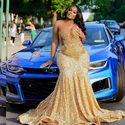 Customized Gold Sequins Mermaid Prom Dress 2025 For Black Girls Crystal Rhinestone Beaded Party Gala Gown Robe De Soiree