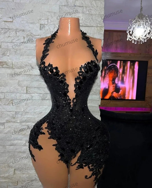 Elegant Black Lace Prom Dresses For Little Girl High Neck Beaded Short Cocktail Gowns Abiti Da Cocktail Customized