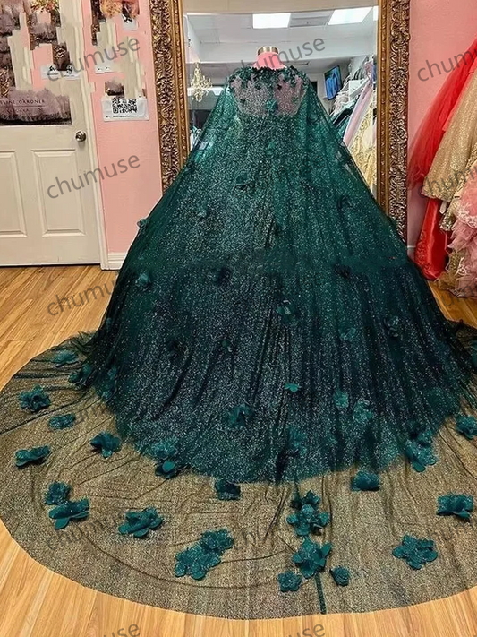 Emerald Green Beaded Crystal Ball Gown Quinceanera Dress With Cape