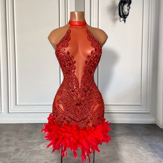 Sexy See Through Halter Luxury Beaded Diamond Women Birthday Party Gowns Red Feather Black Girls Short Mini Prom Dresses