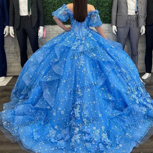 Sweet 16 Princess Blue Quinceanera Dress 3D Flowers Appliques Lace