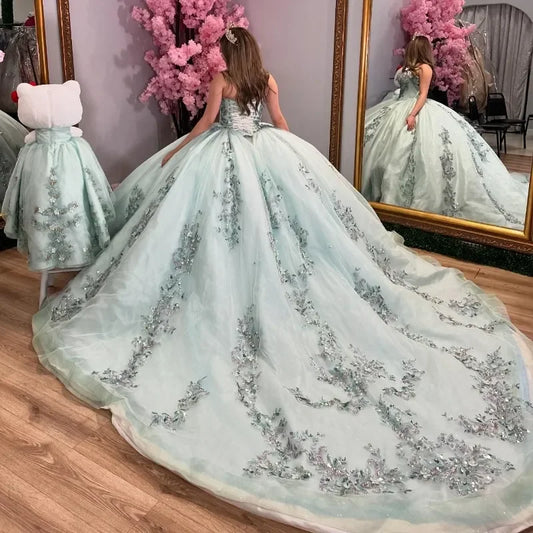 Sparkly Light Green Quinceanera Dresses Sequin Off The Shoulder Ball Gown Appliques Tull Sweet 16 Vestidos De 15 Anos Customized