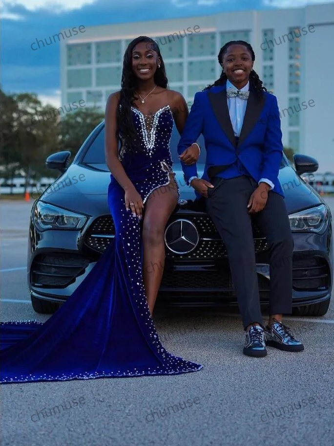 Royal Blue Velvet Long Prom Dresses for Women Sparkly Diamond Crystal Sexy Slit Black Girl Evening Gala Gowns