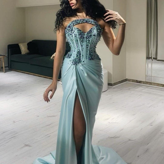 Sweetheart Prom Dresses High Fork Sleeveless Sequins Wrinkle Floor-Length Wedding Luxury Women Evening Zipper Up 2023