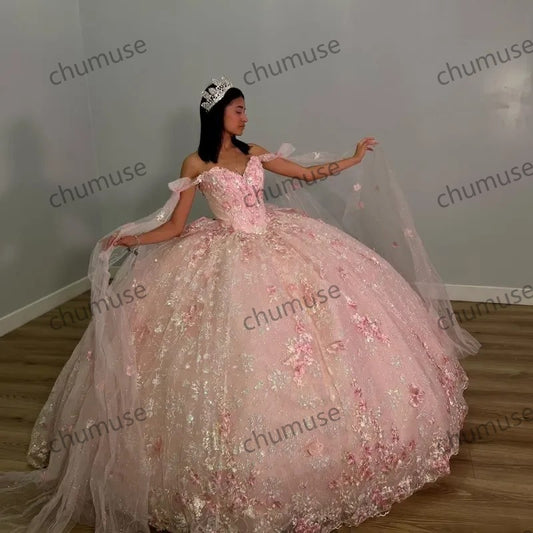 Pink Crystal Appliques 3D Flower Quinceanera Dresses Ball Gown