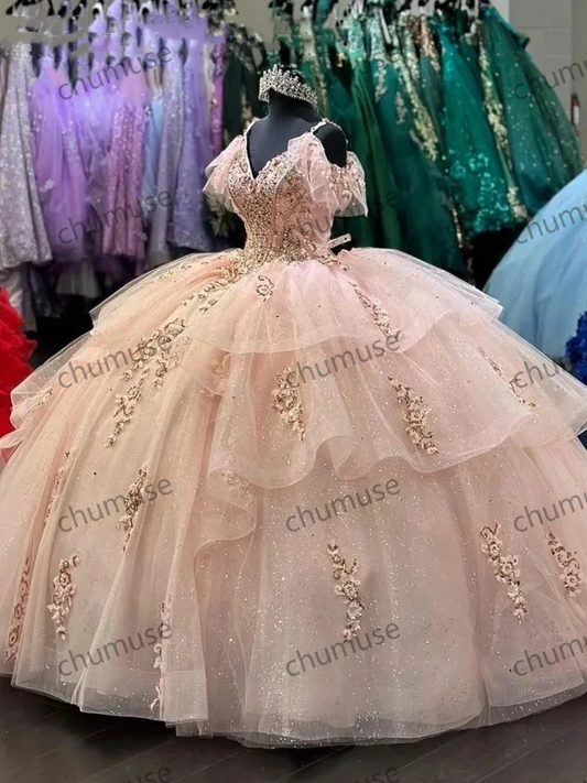 Pink Off Thoulder Ball Gown Quinceanera Dress Beaded Birthday Party Gowns