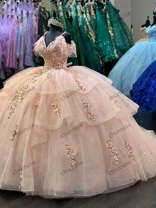 Princess Pink Off Thoulder Ball Gown Quinceanera Dress Beaded Birthday Party Gowns