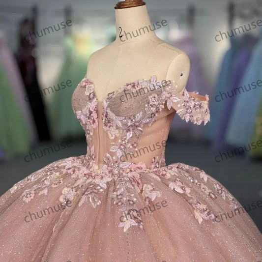 Shiny Pink Quinceanera Dresses Ball Gowns Applique Beads Crystal Tulle Lace-Up