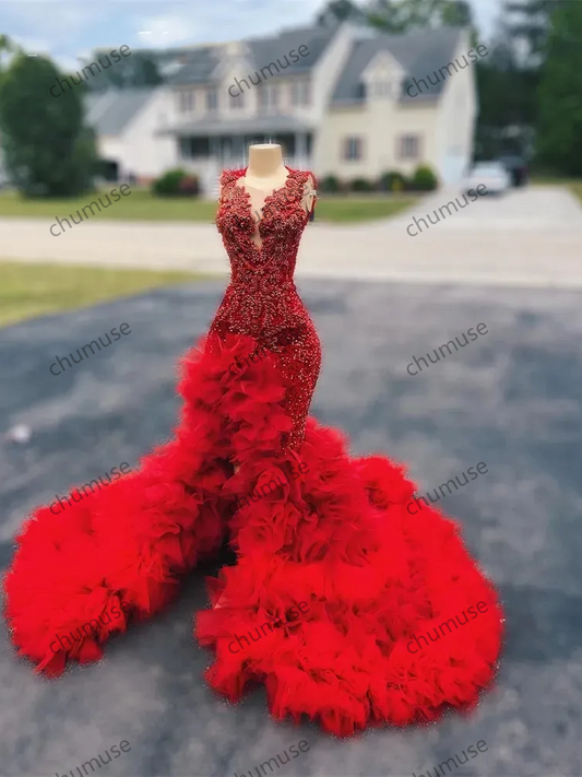 Red O Neck Long Prom Dress For Black Girls Beaded Appliques Birthday Party Dresses