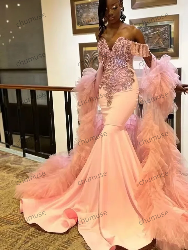 Customized Pink Long Prom Dress For Black Girls Beaded Crystal Mermaid Birthday Party Dress Evening Gown Cape