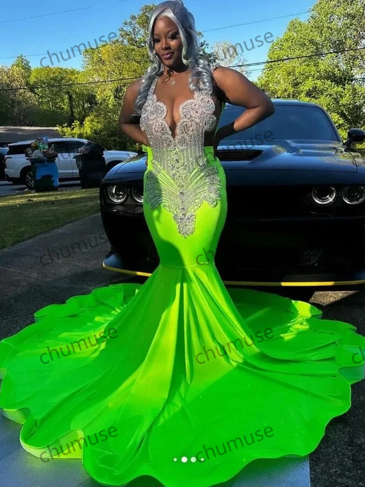 Green Sparkly Mermaid Prom Occasion Party Dresses for Black Girl Diamond Crystal