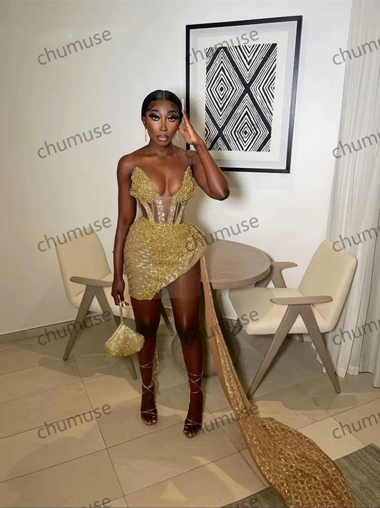 Gold Sweetheart Short Prom Dress For Black Girls Lace Up Birthday Party Dresses