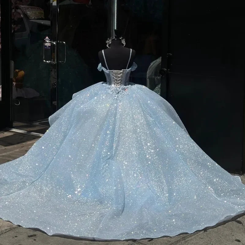 Sky Blue Sweetheart Quinceanera Dress Customized Appliques Sequins 3D Flowers Sweet 16 Princess Ball Gown Vestidos De 15 Anos