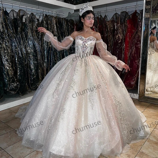 Beading Crystal Quinceanera Dresses Long Sleeved Lace Cinderella Princess Birthday