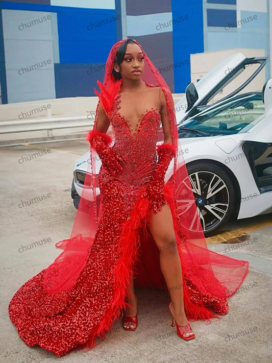 Sexy Red Mermaid Prom Dresses For Women Scoop Split Evening Gowns Backless African Girls Beading Party Dress Customized