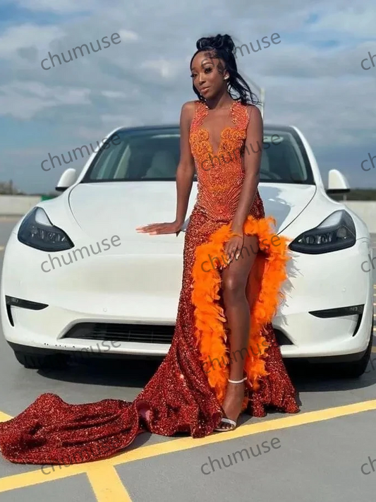 Orange Sparkly Long Evening Birthday Dresses for Black Girl