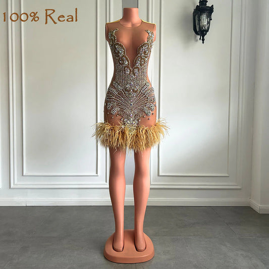 Stunning Sheer Mesh Sexy See Through Black Girl Short Prom Dresses 2013 Gold Sparkly Diamond Feather Women Formal Formal Gowns