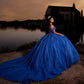 Glittered Royal Blue Quinceanera Dresses Off The Shoulder Applique Tulle Ball Gown Party Birthday Sweet customized Prom Dresses