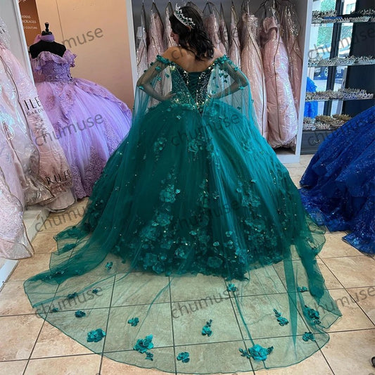 Green Princess Quinceanera Beaded With Cape Floral 3D Flowers V Neck Prom Dress