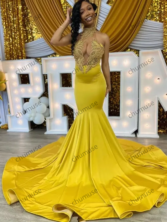 Yellow Satin Mermaid Prom Dresses for Black Girl Luxury