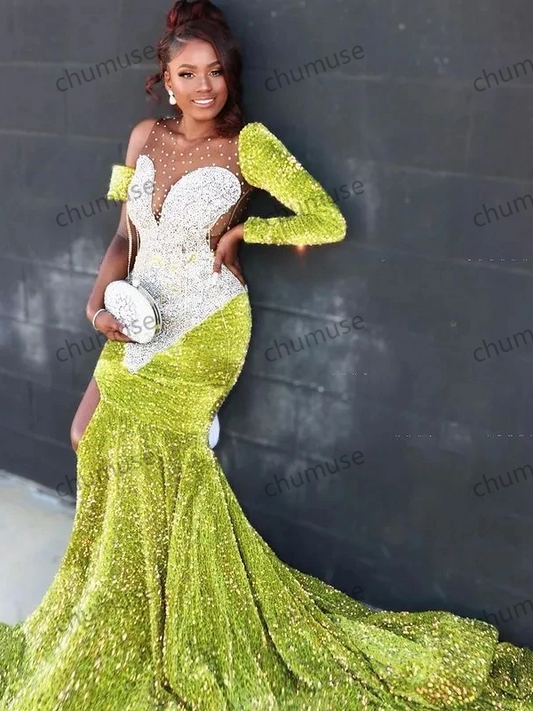 Green African American Prom Dresses Mermaid Long Sleeves Sequins Black Girls Evening Dresses Gown