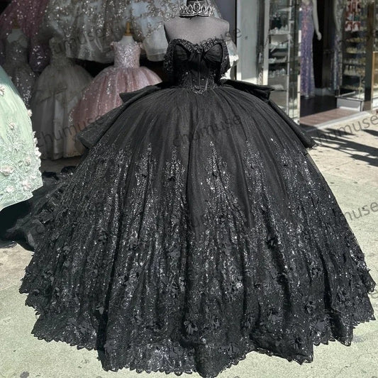 Black Quinceanera Dresses Vestido De 15 Años Bead Crystal Lace Appliques Sweet 16 Dress