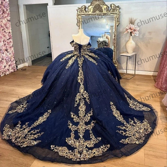 Navy Blue Princess Quinceanera Dress Off Shoulder Gold Lace Applique Beading