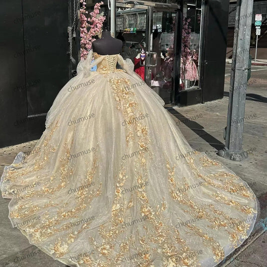 Gold Quinceanera Dresses 3D Appliques Flower Sweet 15 16 Years Birthday Prom Dress