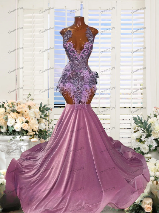 Dusty Rose Mermaid Prom Dresses Long for Black Women Illusion Crew Neckline Beading Sequin Crystal Formal Evening Gowns