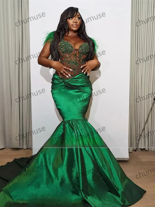 Green Beaded Mermaid Evening Dresses Feathers Luxury Women Prom Gowns