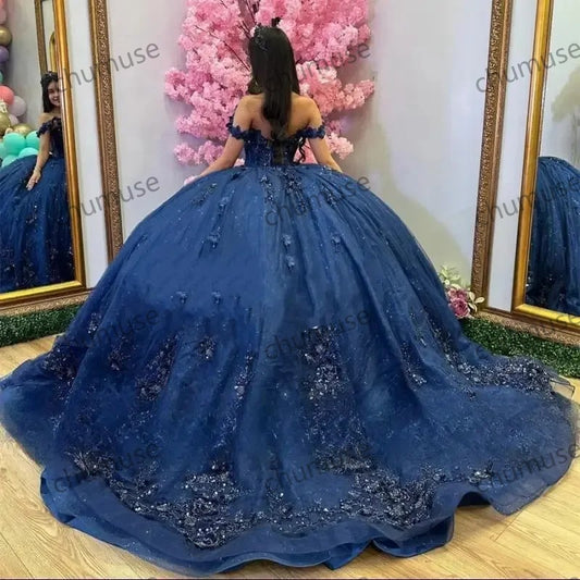 Royal Blue Shiny Quinceanera Dresses Ball Gown Lace Applique Flower Beads Tull Sweet 16 Dress