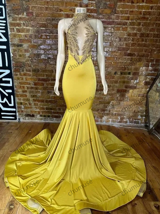 Yellow Satin Mermaid Prom Dresses for Black Girl Luxury