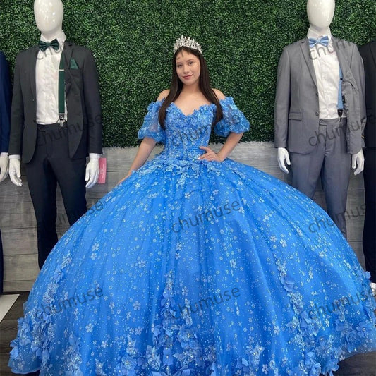 Sweet 16 Princess Blue Quinceanera Dress 3D Flowers Appliques Lace